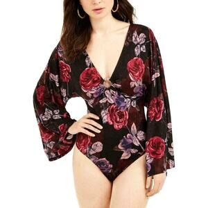 Guess Thong Bodysuit Top Blouse Kimono Sleeves Floral Jazzi Printed Black Size S